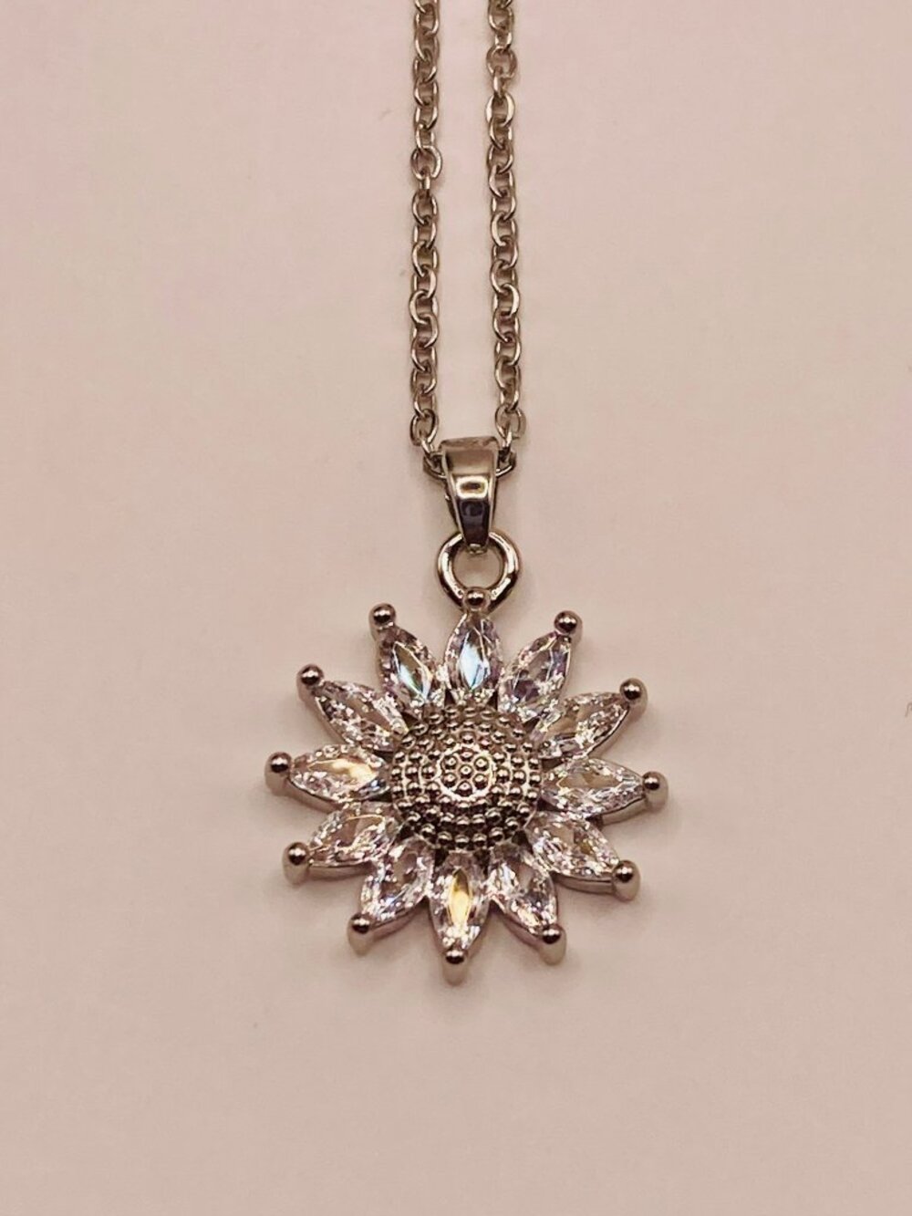 Stainless Steele Silver Tone Sunflower Pendant Necklace Crystal Accents -23B